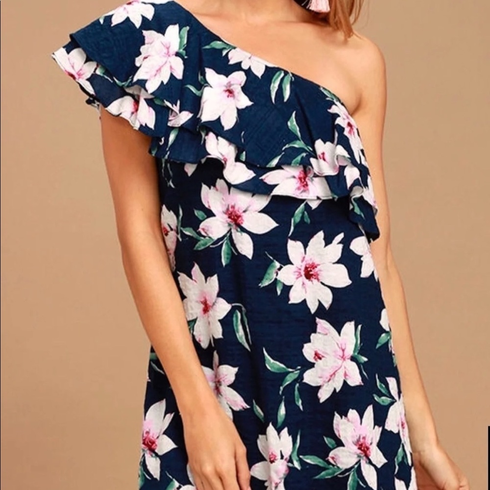 SOLD Lulu’s One Shoulder Floral Navy Dress